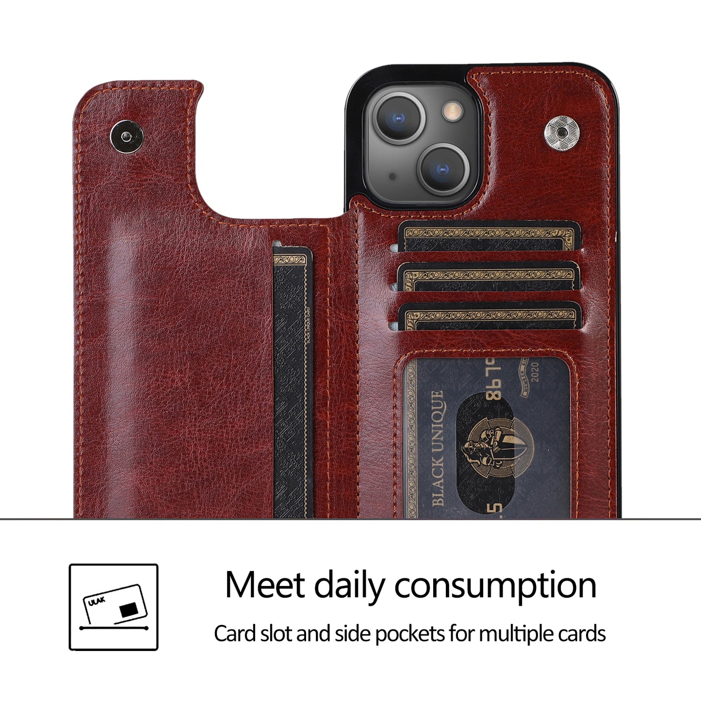 For iPhone 14 Plus PU Leather Coated TPU Phone Case Crazy Horse Texture Card Holder Kickstand Cover