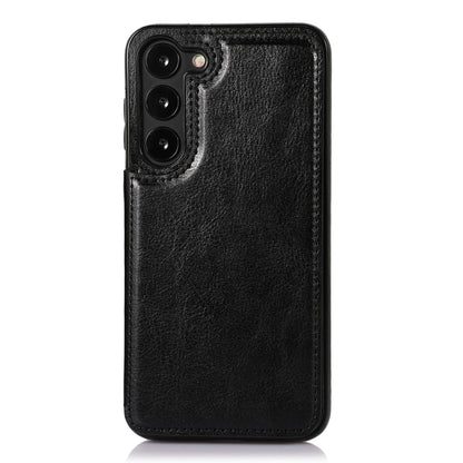 For Samsung Galaxy S23 PU Leather Coated TPU Phone Case Dual Buttons Card Holder Kickstand Cover