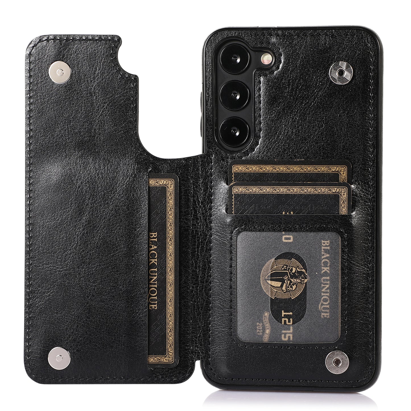 For Samsung Galaxy S23 PU Leather Coated TPU Phone Case Dual Buttons Card Holder Kickstand Cover