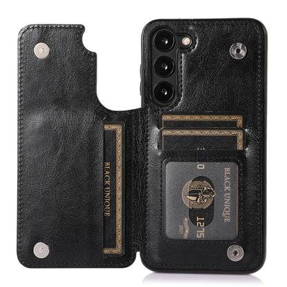 For Samsung Galaxy S23 PU Leather Coated TPU Phone Case Dual Buttons Card Holder Kickstand Cover