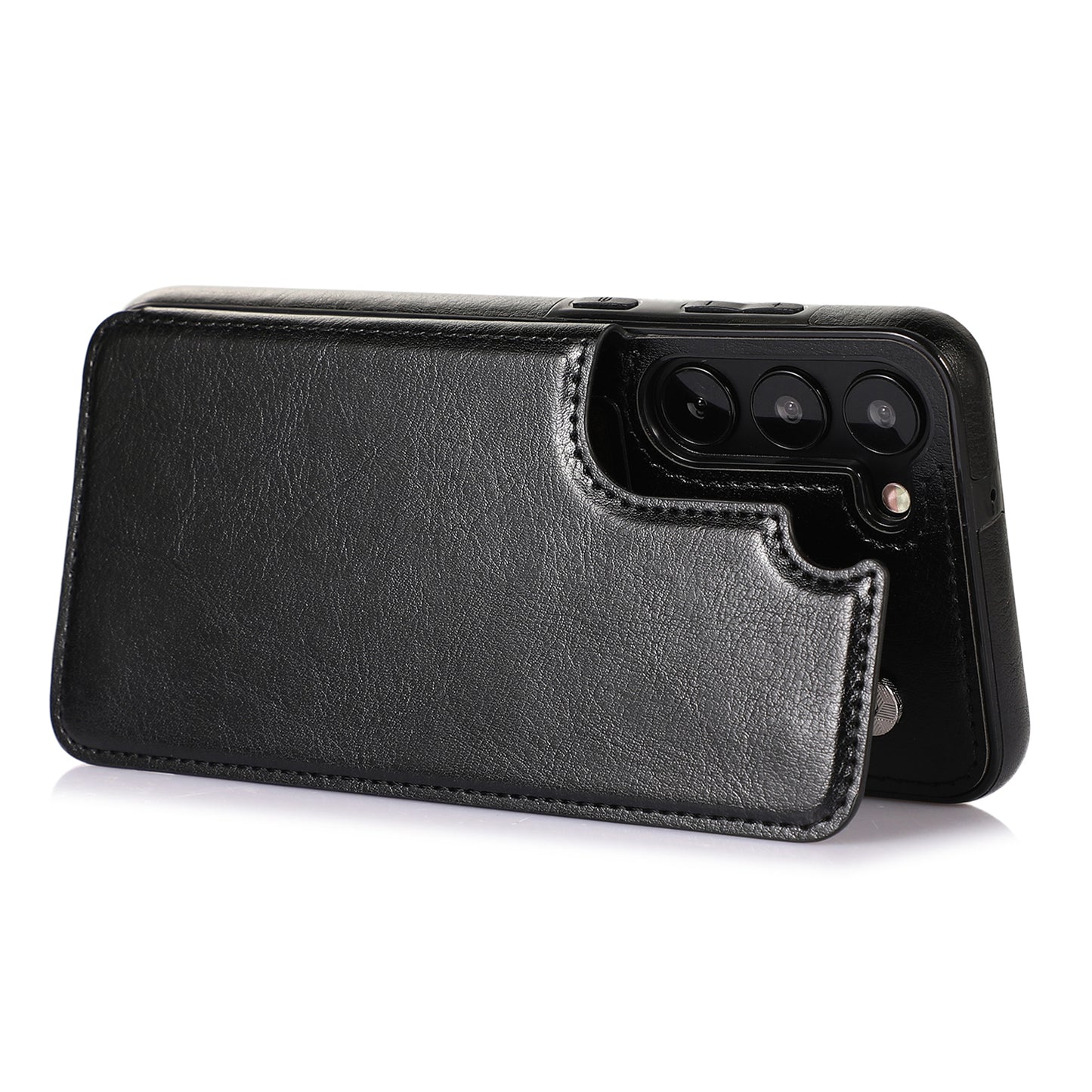 For Samsung Galaxy S23 PU Leather Coated TPU Phone Case Dual Buttons Card Holder Kickstand Cover