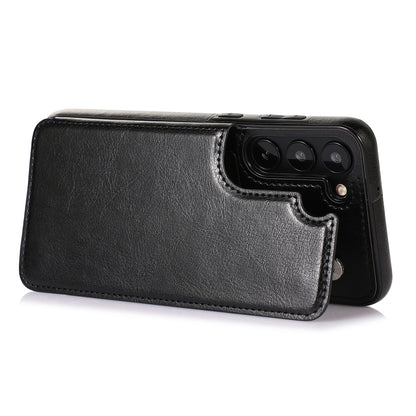 For Samsung Galaxy S23 PU Leather Coated TPU Phone Case Dual Buttons Card Holder Kickstand Cover