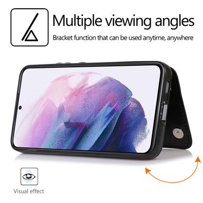 For Samsung Galaxy S23 PU Leather Coated TPU Phone Case Dual Buttons Card Holder Kickstand Cover