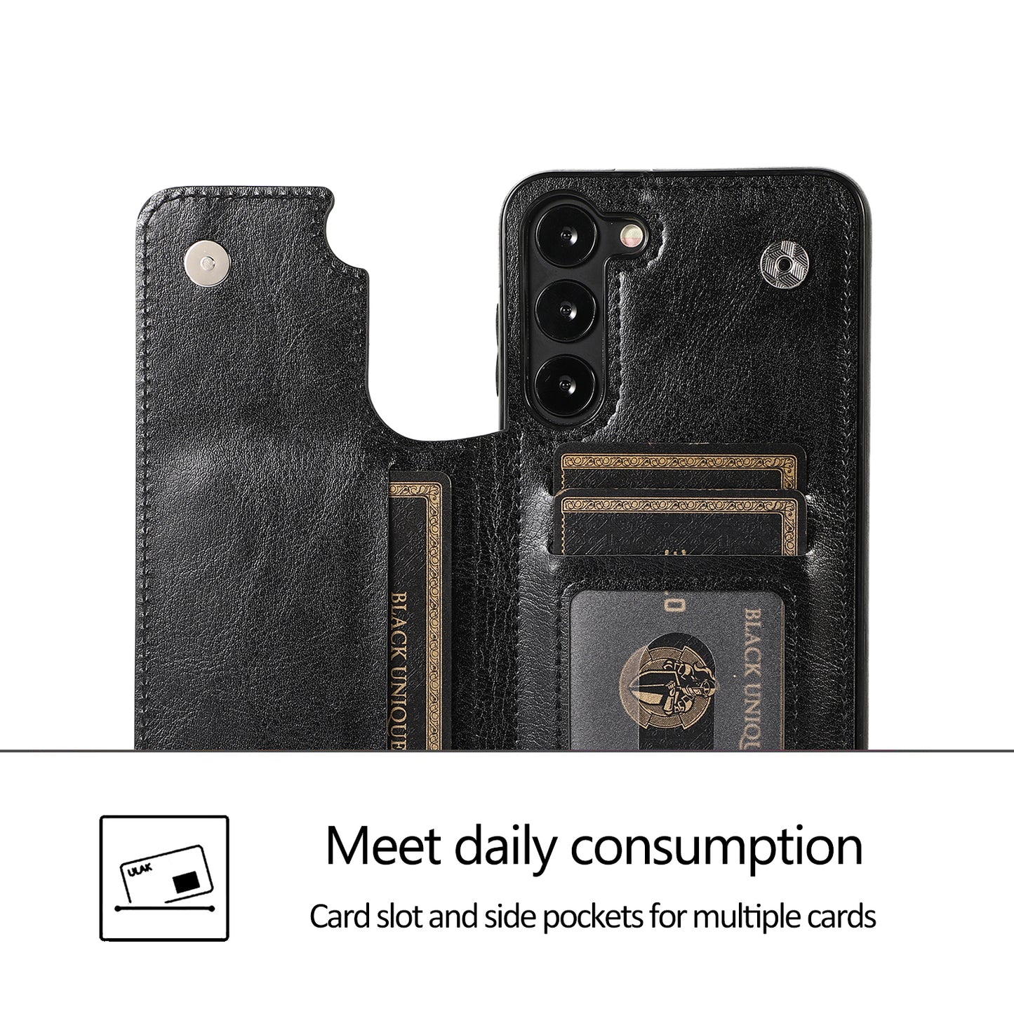 For Samsung Galaxy S23 PU Leather Coated TPU Phone Case Dual Buttons Card Holder Kickstand Cover