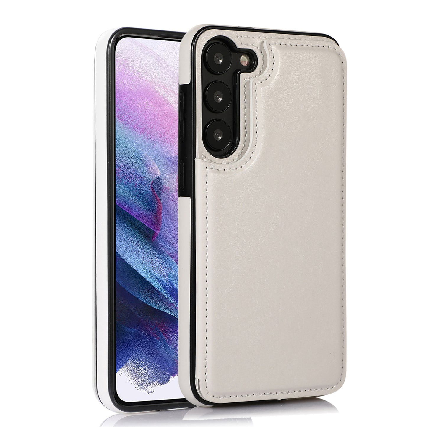 For Samsung Galaxy S23 PU Leather Coated TPU Phone Case Dual Buttons Card Holder Kickstand Cover