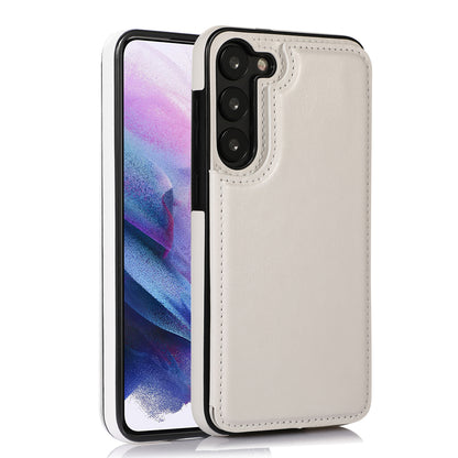 For Samsung Galaxy S23 PU Leather Coated TPU Phone Case Dual Buttons Card Holder Kickstand Cover