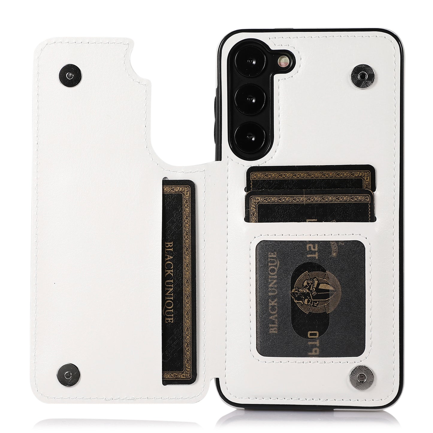 For Samsung Galaxy S23 PU Leather Coated TPU Phone Case Dual Buttons Card Holder Kickstand Cover