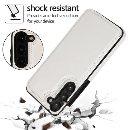 For Samsung Galaxy S23 PU Leather Coated TPU Phone Case Dual Buttons Card Holder Kickstand Cover