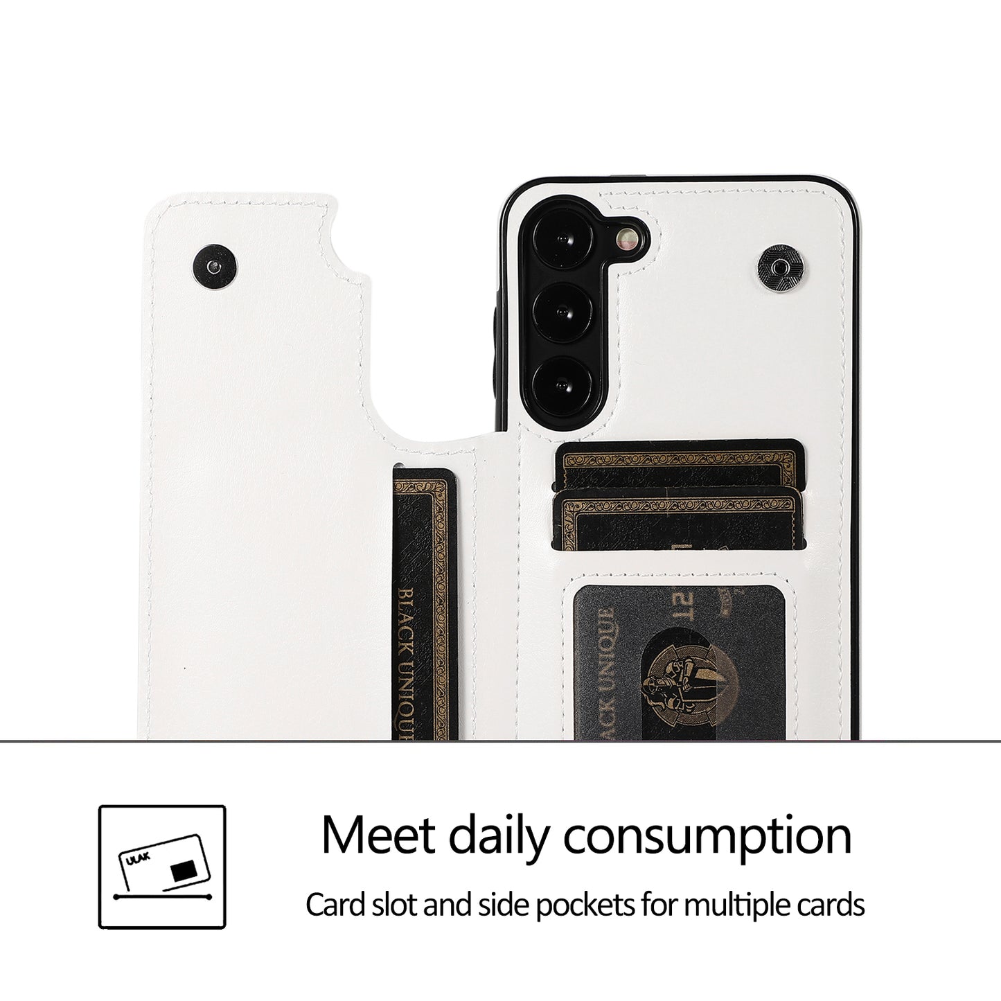 For Samsung Galaxy S23 PU Leather Coated TPU Phone Case Dual Buttons Card Holder Kickstand Cover