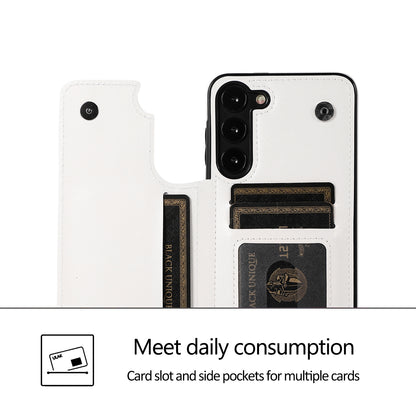 For Samsung Galaxy S23 PU Leather Coated TPU Phone Case Dual Buttons Card Holder Kickstand Cover