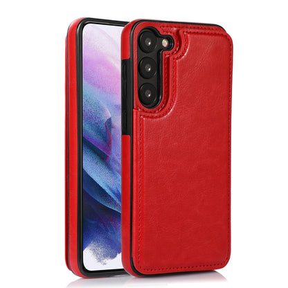For Samsung Galaxy S23 PU Leather Coated TPU Phone Case Dual Buttons Card Holder Kickstand Cover