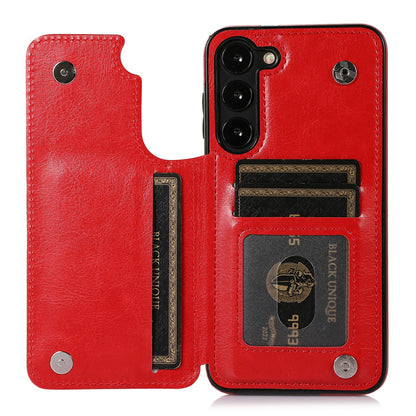 For Samsung Galaxy S23 PU Leather Coated TPU Phone Case Dual Buttons Card Holder Kickstand Cover