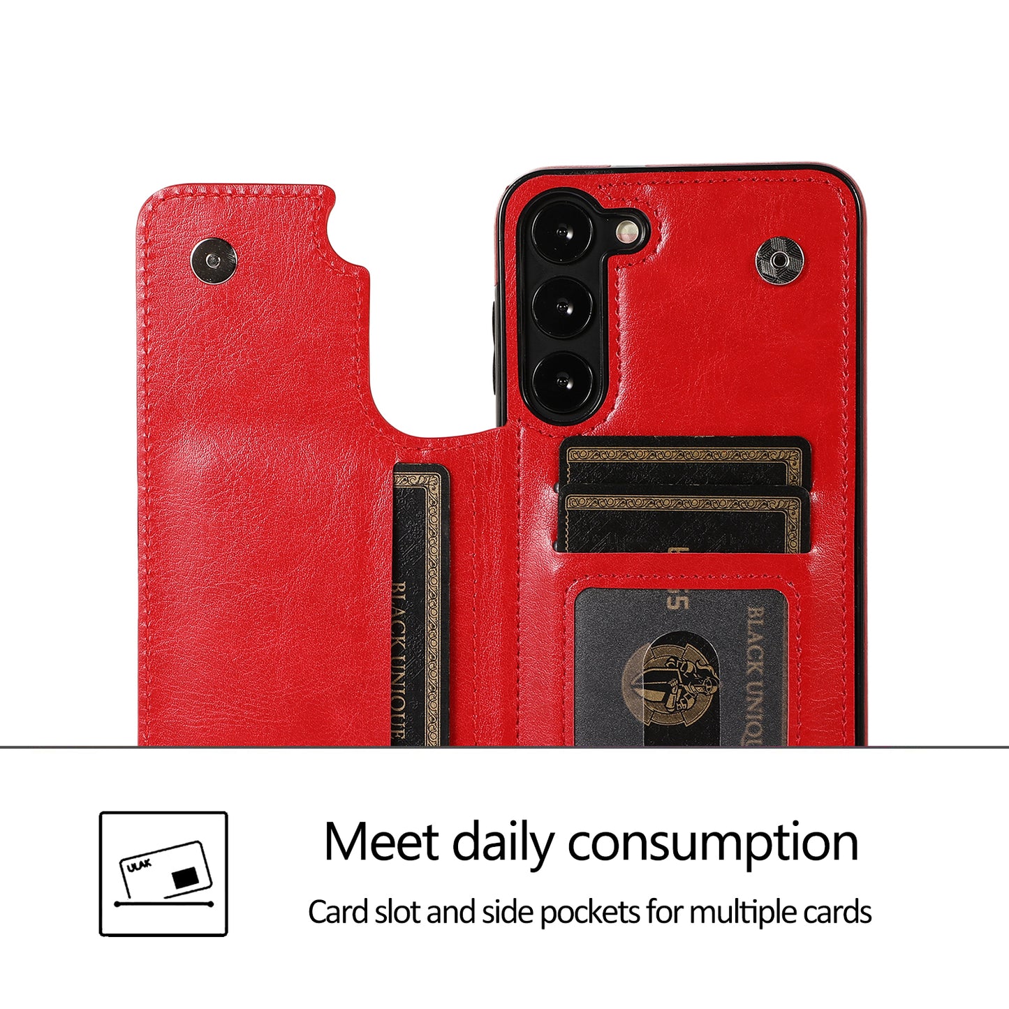 For Samsung Galaxy S23 PU Leather Coated TPU Phone Case Dual Buttons Card Holder Kickstand Cover