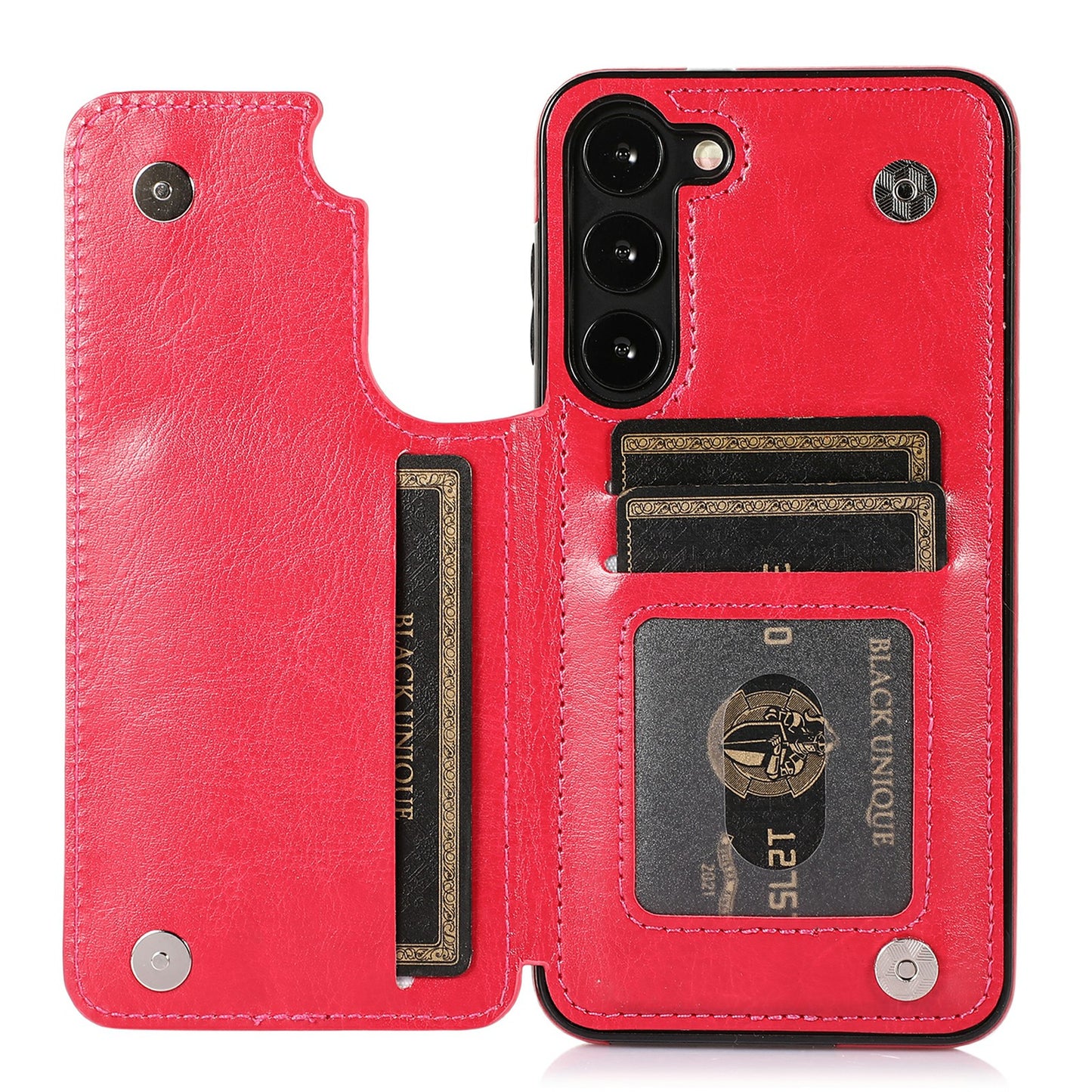 For Samsung Galaxy S23 PU Leather Coated TPU Phone Case Dual Buttons Card Holder Kickstand Cover