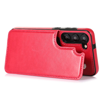 For Samsung Galaxy S23 PU Leather Coated TPU Phone Case Dual Buttons Card Holder Kickstand Cover