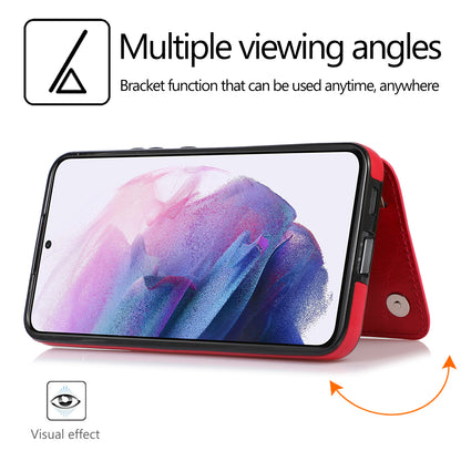 For Samsung Galaxy S23 PU Leather Coated TPU Phone Case Dual Buttons Card Holder Kickstand Cover