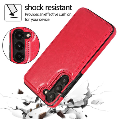 For Samsung Galaxy S23 PU Leather Coated TPU Phone Case Dual Buttons Card Holder Kickstand Cover