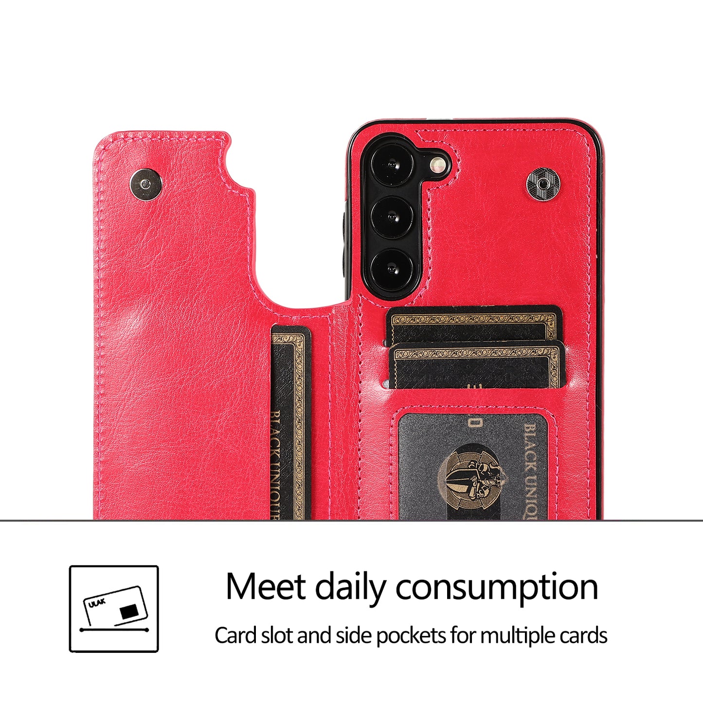 For Samsung Galaxy S23 PU Leather Coated TPU Phone Case Dual Buttons Card Holder Kickstand Cover