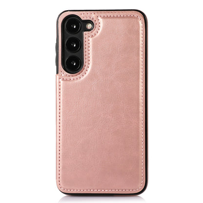 For Samsung Galaxy S23 PU Leather Coated TPU Phone Case Dual Buttons Card Holder Kickstand Cover