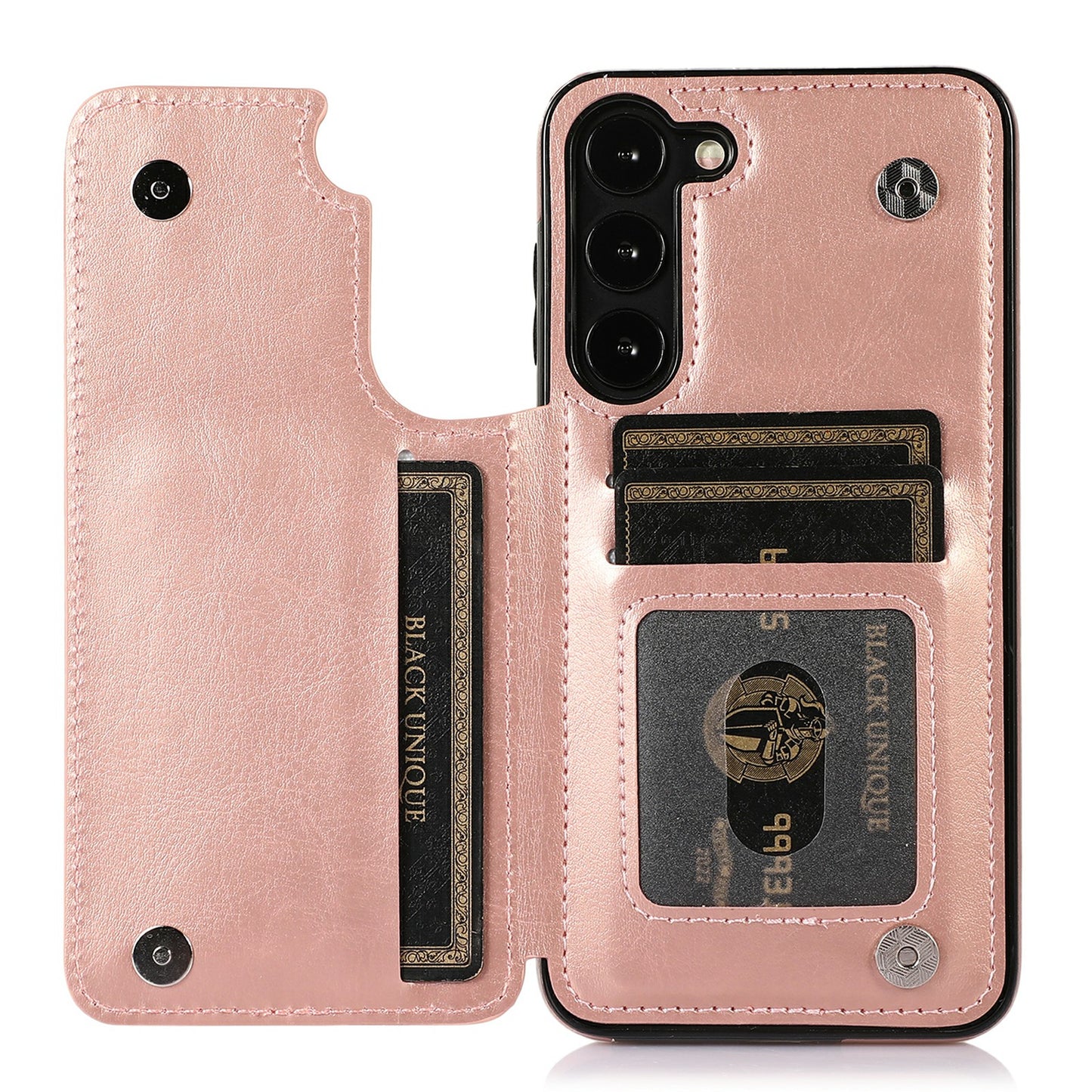 For Samsung Galaxy S23 PU Leather Coated TPU Phone Case Dual Buttons Card Holder Kickstand Cover