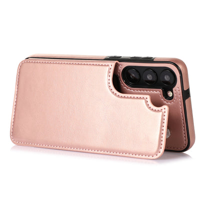For Samsung Galaxy S23 PU Leather Coated TPU Phone Case Dual Buttons Card Holder Kickstand Cover