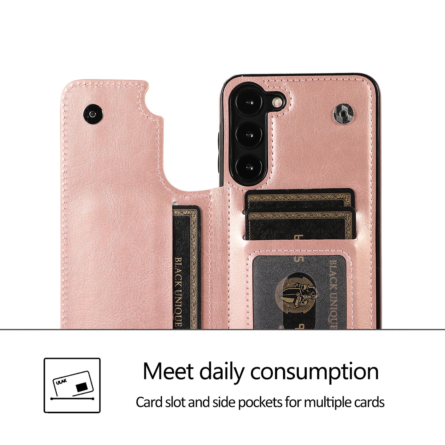 For Samsung Galaxy S23 PU Leather Coated TPU Phone Case Dual Buttons Card Holder Kickstand Cover