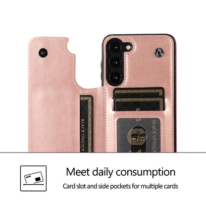 For Samsung Galaxy S23 PU Leather Coated TPU Phone Case Dual Buttons Card Holder Kickstand Cover