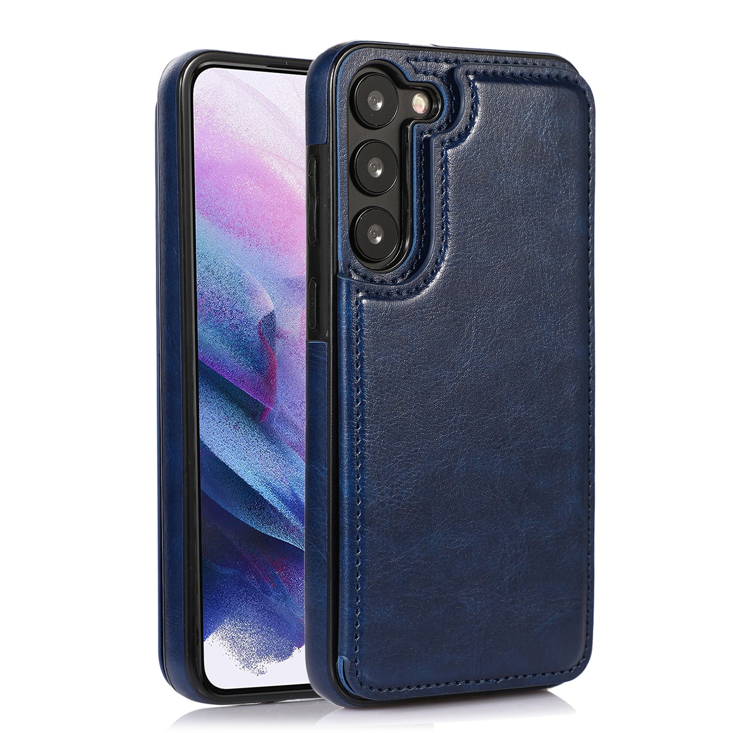 For Samsung Galaxy S23 PU Leather Coated TPU Phone Case Dual Buttons Card Holder Kickstand Cover