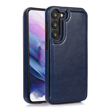 For Samsung Galaxy S23 PU Leather Coated TPU Phone Case Dual Buttons Card Holder Kickstand Cover