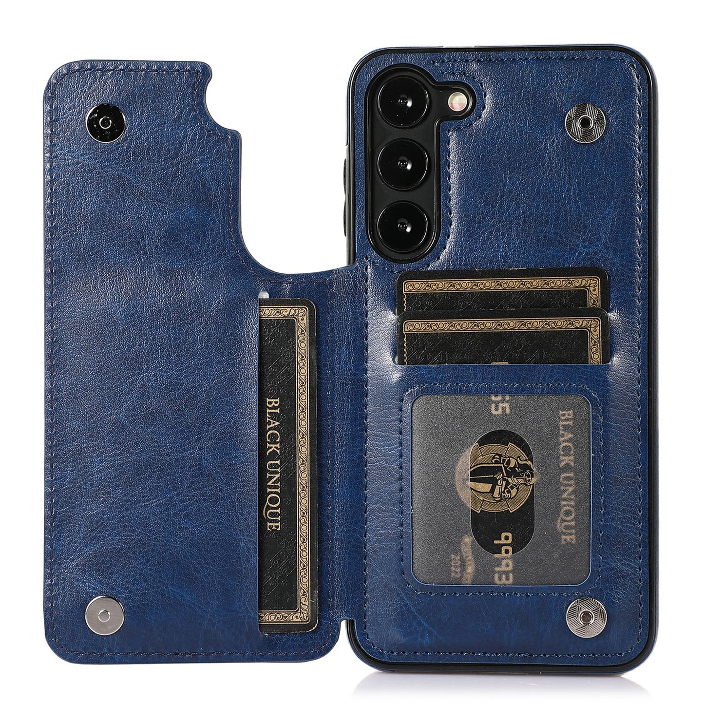 For Samsung Galaxy S23 PU Leather Coated TPU Phone Case Dual Buttons Card Holder Kickstand Cover