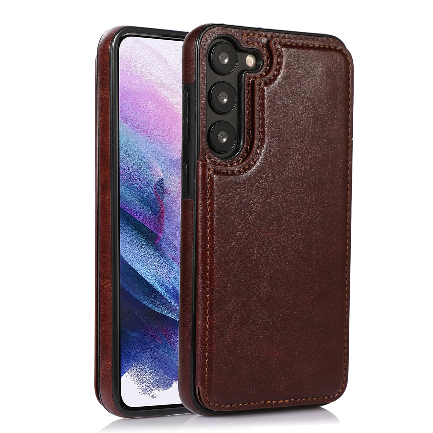 For Samsung Galaxy S23 PU Leather Coated TPU Phone Case Dual Buttons Card Holder Kickstand Cover