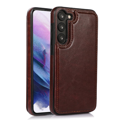 For Samsung Galaxy S23 PU Leather Coated TPU Phone Case Dual Buttons Card Holder Kickstand Cover