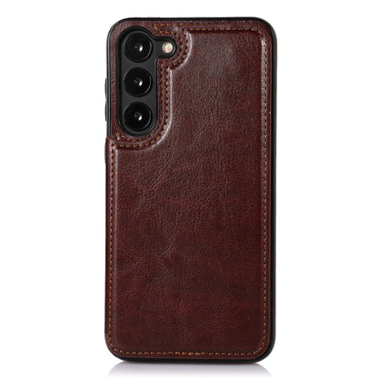 For Samsung Galaxy S23 PU Leather Coated TPU Phone Case Dual Buttons Card Holder Kickstand Cover