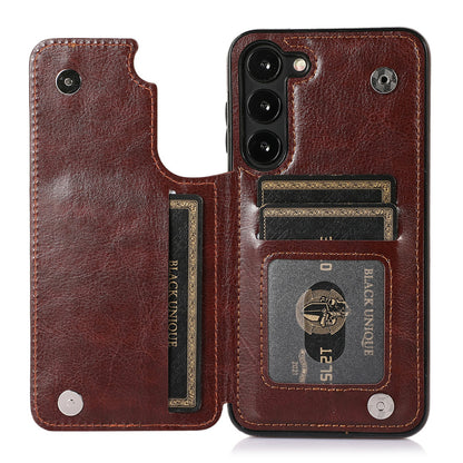 For Samsung Galaxy S23 PU Leather Coated TPU Phone Case Dual Buttons Card Holder Kickstand Cover