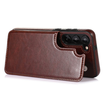For Samsung Galaxy S23 PU Leather Coated TPU Phone Case Dual Buttons Card Holder Kickstand Cover