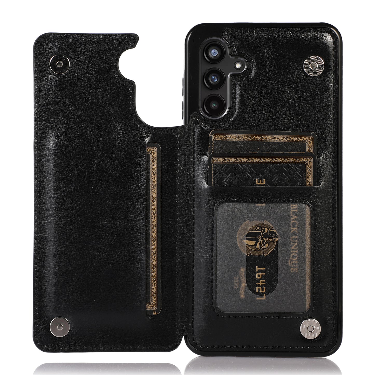 For Samsung Galaxy A13 5G Dual Magnetic Buttons Card Slots Kickstand Cover Leather Coated TPU Phone Case