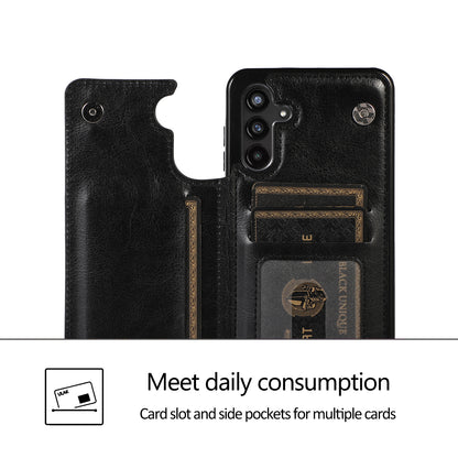 For Samsung Galaxy A13 5G Dual Magnetic Buttons Card Slots Kickstand Cover Leather Coated TPU Phone Case