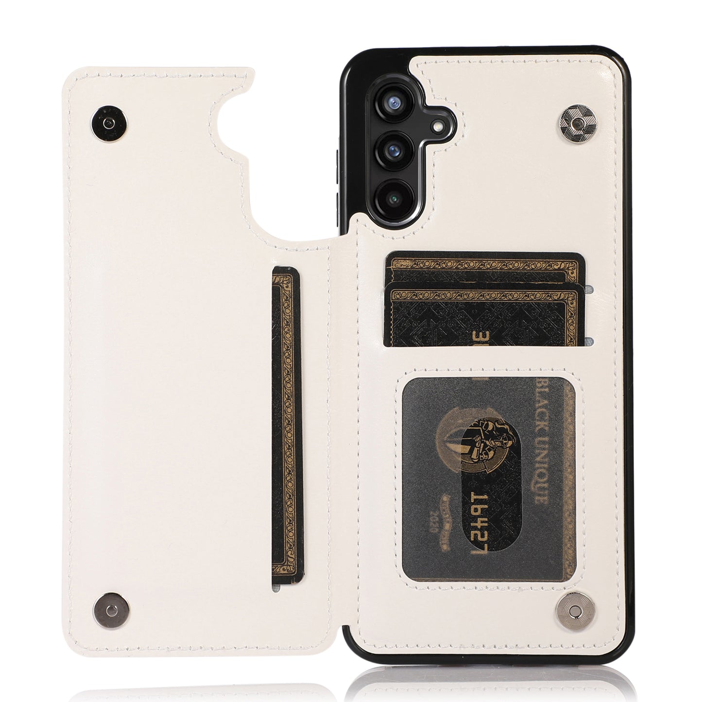 For Samsung Galaxy A13 5G Dual Magnetic Buttons Card Slots Kickstand Cover Leather Coated TPU Phone Case