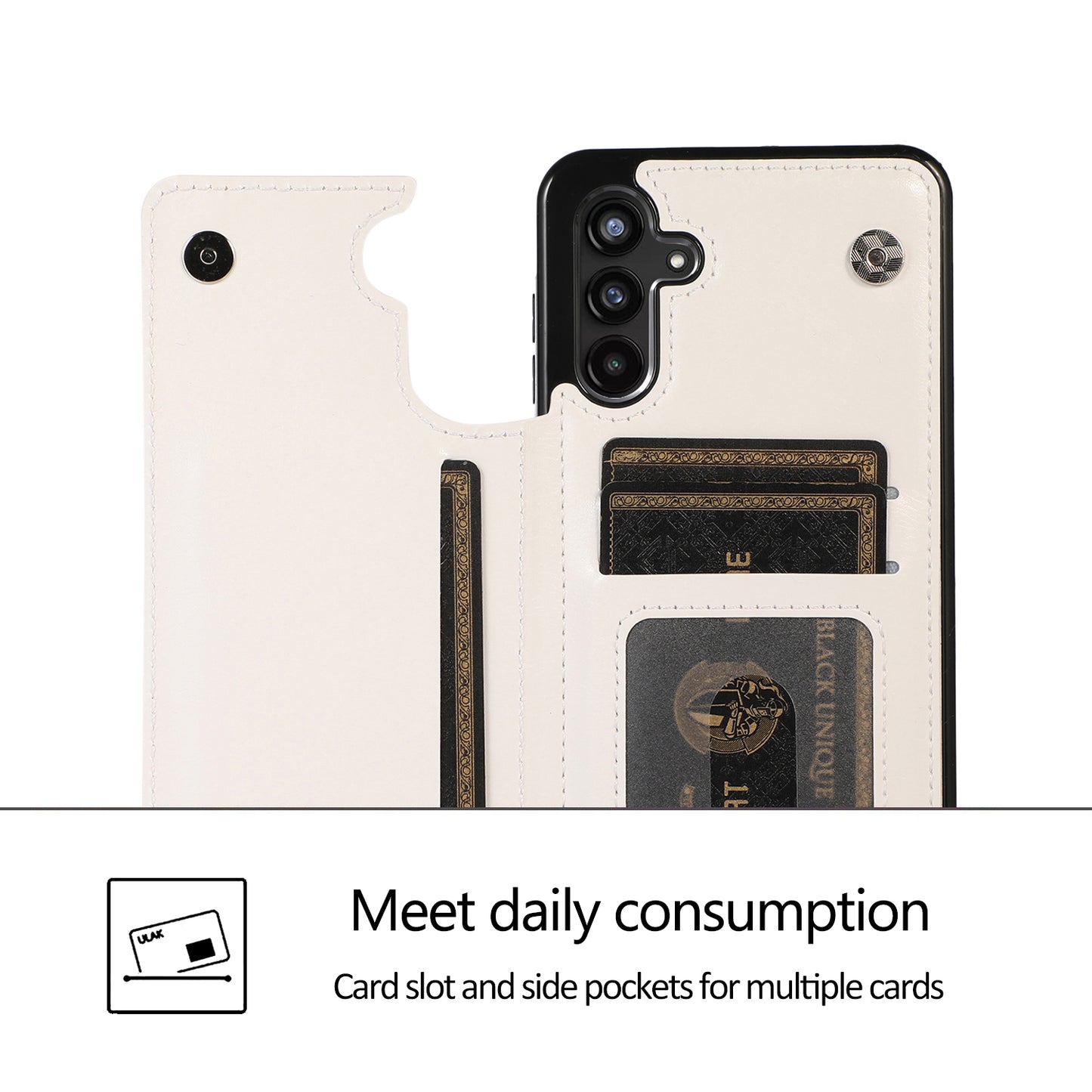 For Samsung Galaxy A13 5G Dual Magnetic Buttons Card Slots Kickstand Cover Leather Coated TPU Phone Case