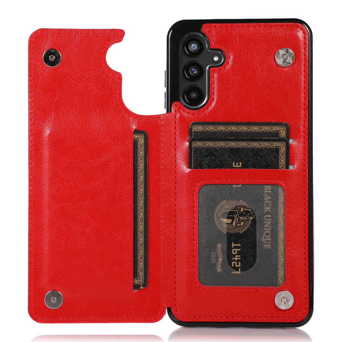 For Samsung Galaxy A13 5G Dual Magnetic Buttons Card Slots Kickstand Cover Leather Coated TPU Phone Case