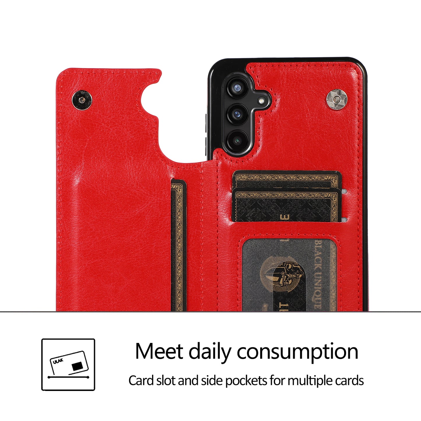 For Samsung Galaxy A13 5G Dual Magnetic Buttons Card Slots Kickstand Cover Leather Coated TPU Phone Case