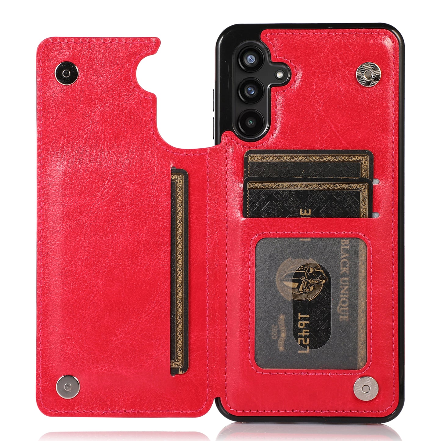 For Samsung Galaxy A13 5G Dual Magnetic Buttons Card Slots Kickstand Cover Leather Coated TPU Phone Case