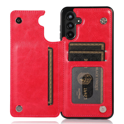 For Samsung Galaxy A13 5G Dual Magnetic Buttons Card Slots Kickstand Cover Leather Coated TPU Phone Case