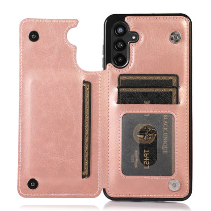 For Samsung Galaxy A13 5G Dual Magnetic Buttons Card Slots Kickstand Cover Leather Coated TPU Phone Case
