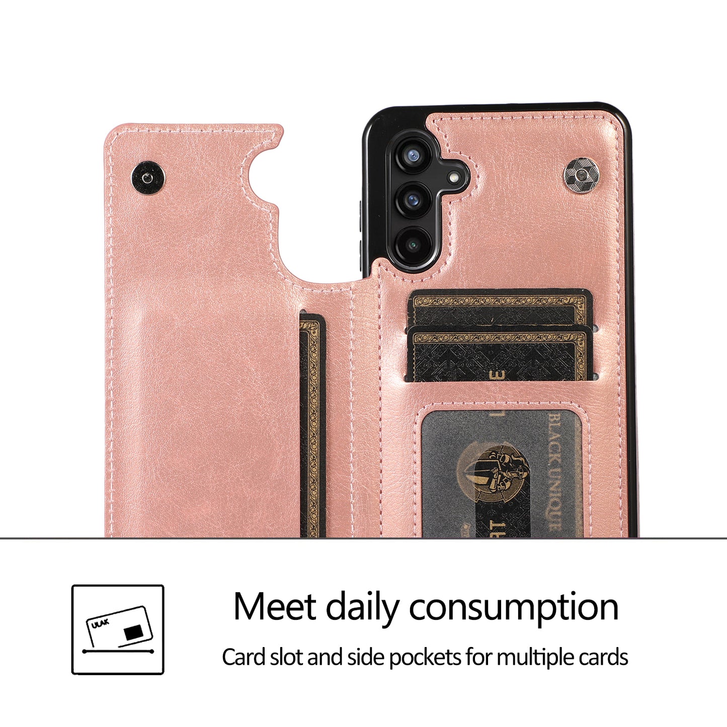 For Samsung Galaxy A13 5G Dual Magnetic Buttons Card Slots Kickstand Cover Leather Coated TPU Phone Case