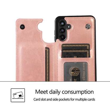 For Samsung Galaxy A13 5G Dual Magnetic Buttons Card Slots Kickstand Cover Leather Coated TPU Phone Case