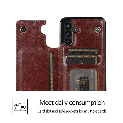 For Samsung Galaxy A13 5G Dual Magnetic Buttons Card Slots Kickstand Cover Leather Coated TPU Phone Case