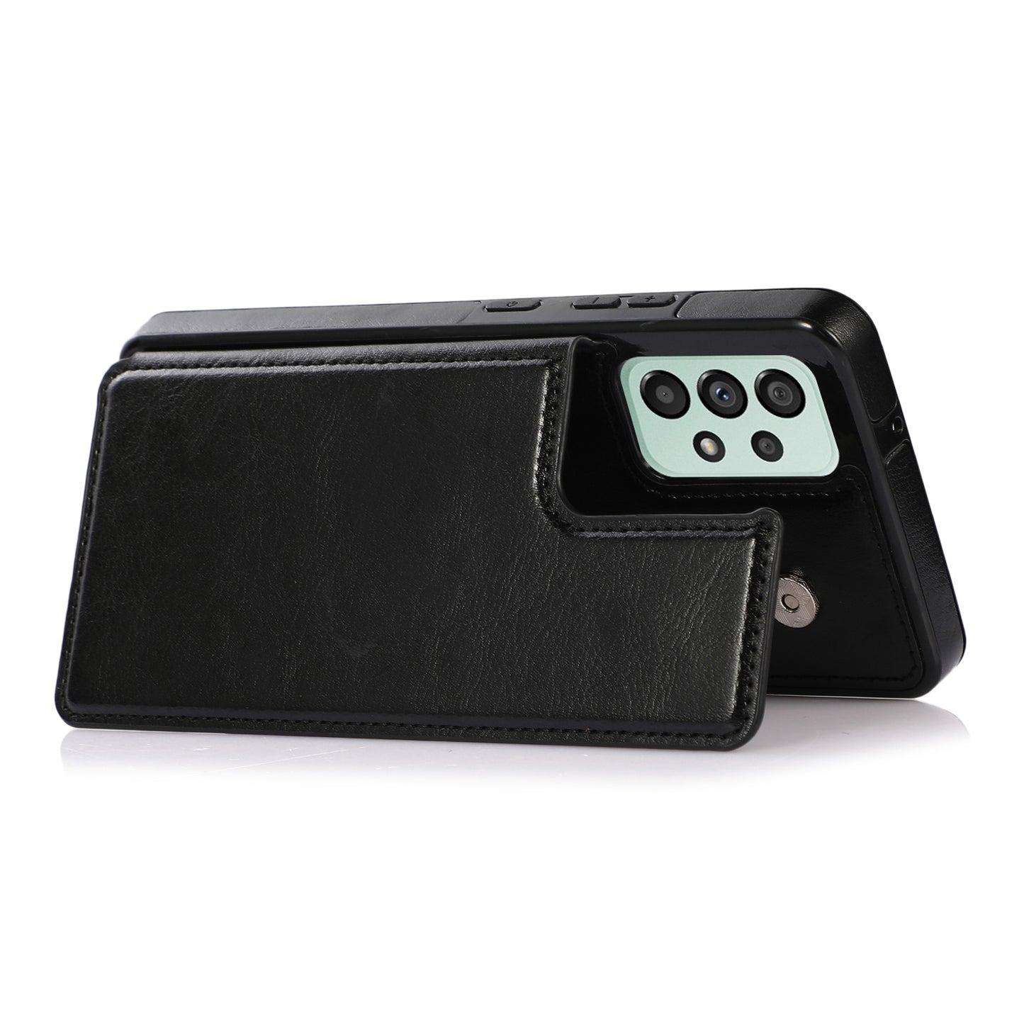 For Samsung Galaxy A53 5G Dual Buttons Card Slots Kickstand Back Cover PU Leather Coated TPU Phone Case