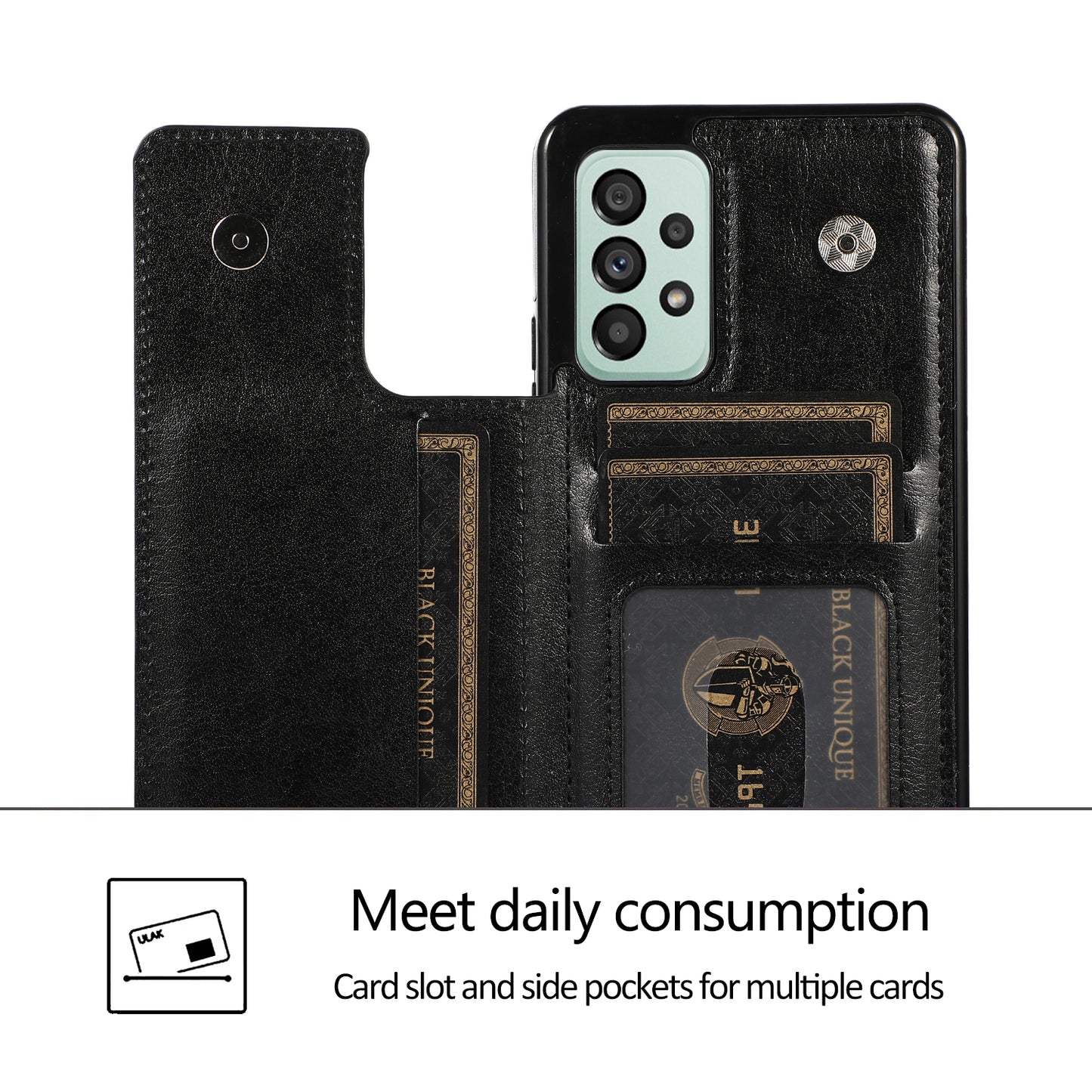 For Samsung Galaxy A53 5G Dual Buttons Card Slots Kickstand Back Cover PU Leather Coated TPU Phone Case