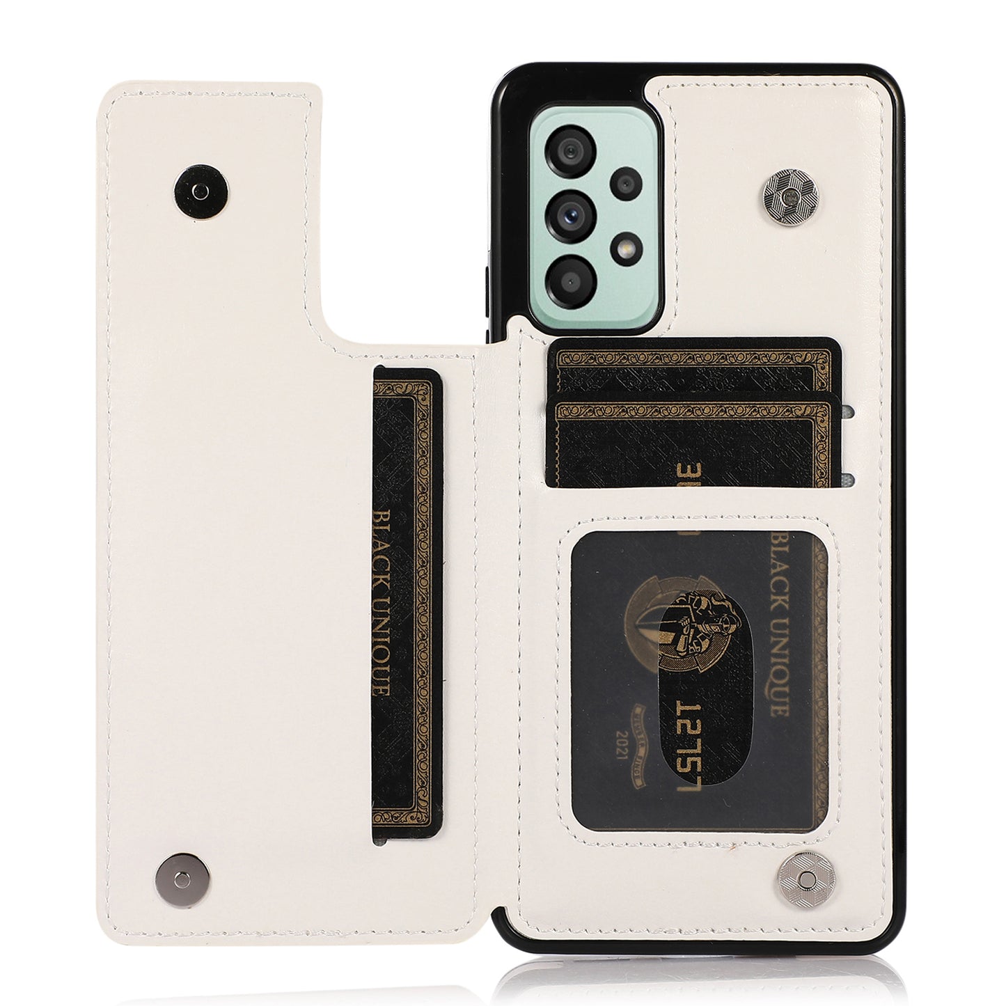 For Samsung Galaxy A53 5G Dual Buttons Card Slots Kickstand Back Cover PU Leather Coated TPU Phone Case